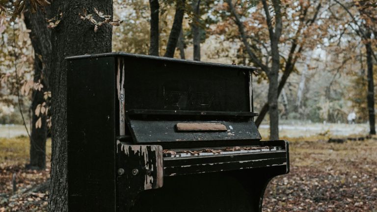 An old, weathered piano with chipped paint stands outdoors among trees in a forested area. Fallen leaves cover parts of the piano, and the background shows more autumn foliage and a blurred view of a field.