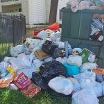 Overflowing dumpster with large piles of trash bags and cardboard boxes spilling onto the ground near a residential fence and building. The scattered garbage highlights the urgent need for proper trash removal or dumpster cleanup services.